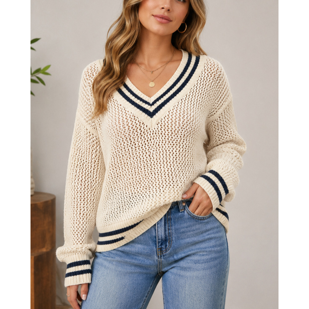 Arizona Jean Co Open Knit Sweater Womens M Cream Navy Striped V Neck Relaxed Fit